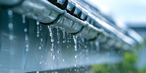 Closeup of rain spout on house directing water from the roof. Concept Home Maintenance, Rainwater Management, Exterior Design, Gutter System, Water Direction