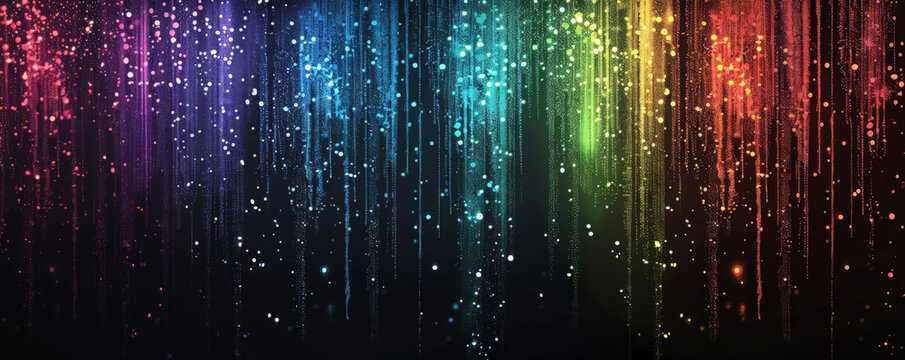 Black background with bright, rainbow-colored digital noise.