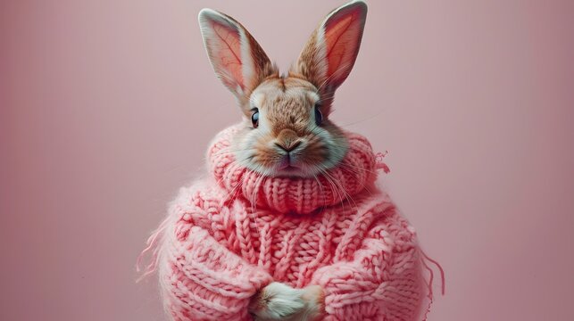 Whimsical Bohemian Cottontail in Hand-Knit Attire,Studio Lighting Portrait