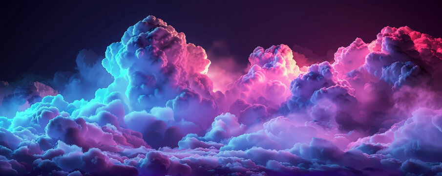 black background with soft, fluffy clouds illuminated by neon lights.