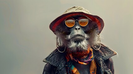 Wall Mural - surreal of bohemian-dressed guenon monkey in studio lighting