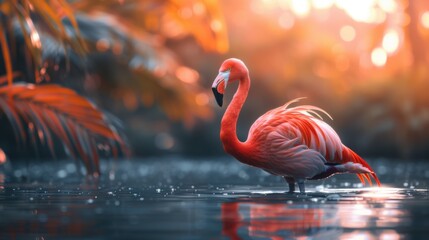 Flamingo standing in water, image with beautiful background and lighting