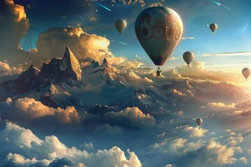 Poster - Breathtaking view of hot air balloons floating above clouds at sunset against a high mountain backdrop