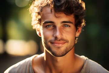 Portrait of a handsome young man smiling, soft natural lighting, close-up, warm colors, inviting mood