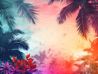 Wall Mural - Abstract background with layered tropical elements and a mix of warm and cool tones