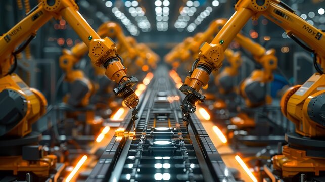 A robot is in a factory with a large orange computer screen
