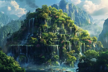 Poster - Experience the mystical beauty of an enchanted waterfall paradise in this digital artwork depicting a lush, vibrant, and serene oasis with cascading water, majestic mountains, and exotic flora