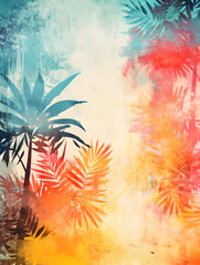 Wall Mural - Abstract background with layered tropical elements and a mix of warm and cool tones