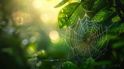 Close-up of a spider web adorned with dew drops, illuminated by morning sunlight with a beautiful bokeh background, showcasing intricate natural beauty.
