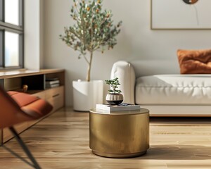 Poster - Sophisticated brass minimalist side table in a modern living room with sleek finishes and ample storage, creating a functional and inviting space