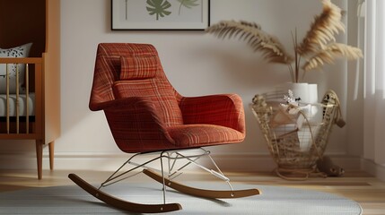 Poster - Sophisticated rust red minimalist rocking chair in a contemporary nursery with soft fabrics and clean lines, providing a comfortable seating solution