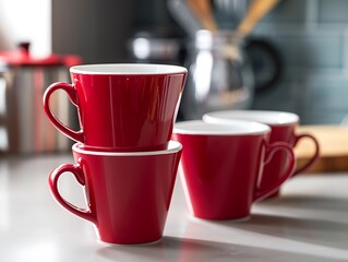 Poster - Sophisticated scarlet minimalist coffee mug set in a contemporary kitchen with clean lines and stackable design, providing a stylish way to enjoy coffee