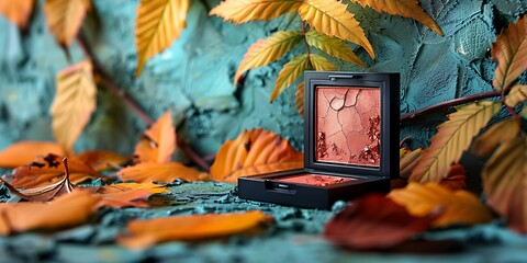 A makeup palette with a cracked powder surface sits amidst a vibrant arrangement of autumn leaves, showcasing a blend of warm and cool tones.