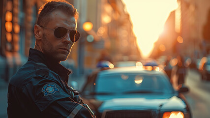 Wall Mural - close up of a police worker on background, police worker face, portrait of a federal worker