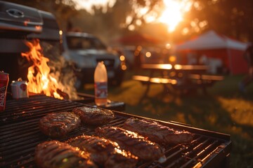Evening BBQ Cookout with Grill and Sizzling Steaks at Sunset Campsite