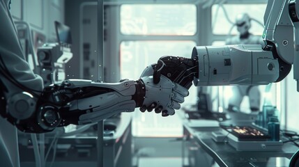 Canvas Print - Two robot arms shaking hands in futuristic laboratory