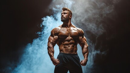 muscular man is competing in a bodybuilding competition on stage with spotlight and a dark background