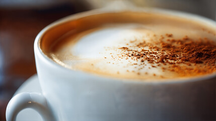 Steaming Cup of Coffee, Cozy Morning Brew, Warm Beverage Close-Up on a Wooden Background with Copyspace, Cafe