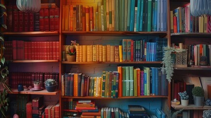 Wall Mural - Organized bookshelf with colorful books and decor items.