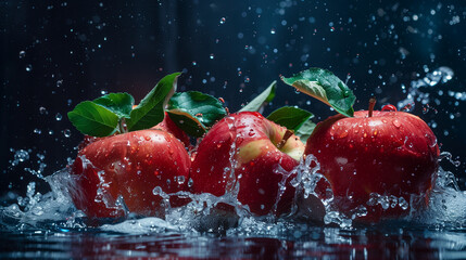 Wall Mural - Apples with leaves and splashes of water on a monochrome background