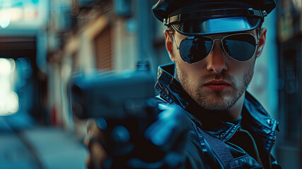 Wall Mural - close up of a police worker on background, police worker face, portrait of a federal worker