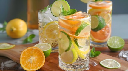 Canvas Print - Juice splash lemon, orange, lime set. Citrus splashig fresh collection realistic vector.