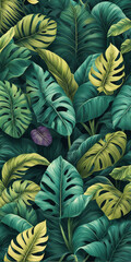 tropical, Leaves, Green, Yellow, Purple, Nature, Exotic, Lush, Vibrant, Plant, Jungle, Botanical, Decorative, Modern, Phone Wallpaper, plant, leaf, nature, leaves, flora, green, summer, plants, illust