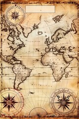  Vintage map of the world with wind rose and compass on old paper