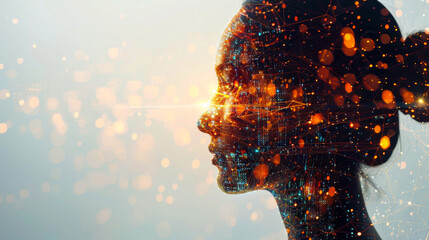 Digital Human Head Silhouette. Silhouette of a human head filled with interconnected digital networks and glowing particles, symbolizing artificial intelligence and data networks.