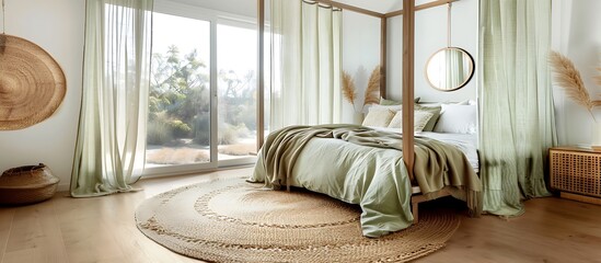 Wall Mural - Stylish bedroom with a four-poster bed, light green bedding, and a woven jute rug, accented by a large window with sheer curtains