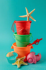 Wall Mural - An editorial photograph of beach toys and objects stacked on top of each other, such as a sand pail, surfboard, starfish, and ball.Minimal creative summer vacation concept.