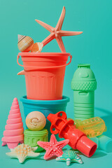 Wall Mural - An editorial photograph of beach toys and objects stacked on top of each other, such as a sand pail, surfboard, starfish, and ball.Minimal creative summer vacation concept.