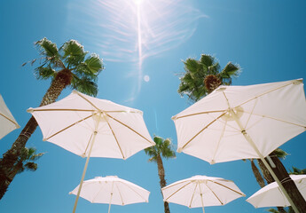 Wall Mural -  white beach umbrellas, a clear blue sky and sea in the background with  palm trees.Minimal creative summer vacation concept.