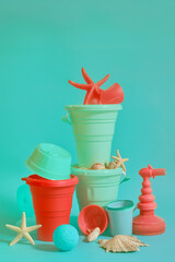 Wall Mural - An editorial photograph of beach toys and objects stacked on top of each other, such as a sand pail, surfboard, starfish, and ball.Minimal creative summer vacation concept.