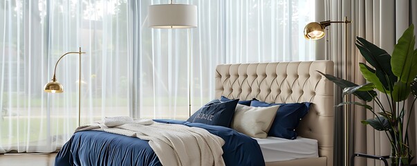 Wall Mural - Stylish bedroom with a tufted beige headboard, navy blue bedding, and a brass floor lamp, highlighted by a large window with sheer curtains