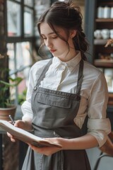 A woman is writing on a piece of paper while wearing an apron