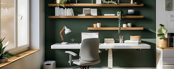 Wall Mural - Stylish home office with a white desk, grey ergonomic chair, and floating wood shelves, accented by a dark green wall