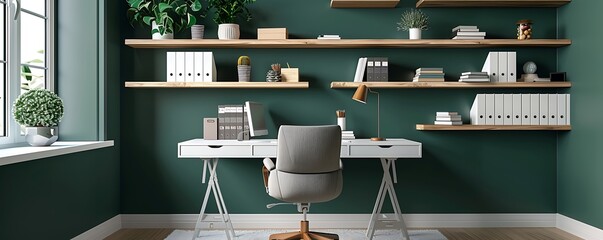 Wall Mural - Stylish home office with a white desk, grey ergonomic chair, and floating wood shelves, accented by a dark green wall