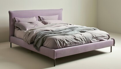 Wall Mural - Stylish lavender minimalist bed frame in a serene bedroom with soft linens and clean design, offering a comfortable and stylish sleeping space