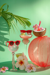 Wall Mural - an inflatable beach ball, coconut and pink cocktail glasses with red sunglasses stacked together with tropical flowers