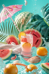 Wall Mural - Creative ad for beach accessories, colorful and playful composition with summer elements such as tropical fruit,sunglasses, hat, towel, palm leaves, sea shels.