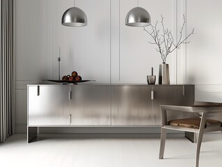 Wall Mural - Stylish steel minimalist sideboard in a contemporary dining room with sleek finishes and ample storage, creating a functional and stylish environment