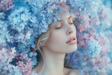 Canvas Print - Ethereal young woman amidst a dreamy sea of blue hydrangeas