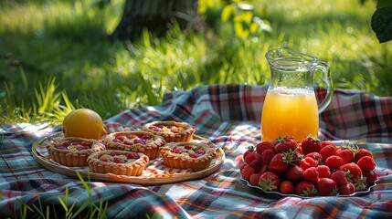 Sunny Picnic with Strawberry Tarts, Fresh Orange Juice and Ripe Strawberries on Plaid Blanket
