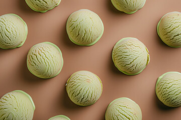  Green ice cream balls pattern on brown background.Minimal creative food concept.Flat lay