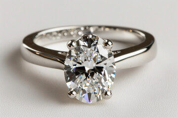 Wall Mural - A bezel-set engagement ring with an oval diamond, elegantly placed on a solid white background.