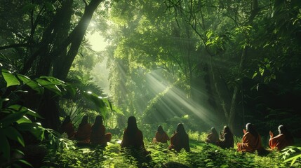 Canvas Print - A group of people sitting in the middle of a forest, surrounded by trees and foliage