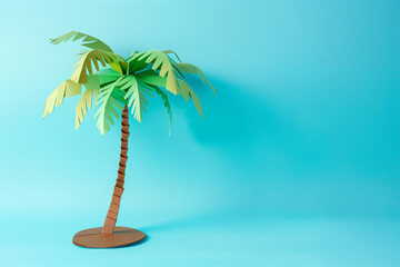 Wall Mural - A simple palm tree with green leaves at the top and brown trunk at its base. A 3D paper illustration of an island in a blue background.