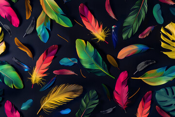 Wall Mural -  Colorful tropical leaves and feathers pattern on a black background in a vector illustration.Minimal cerative summer and nature concept.Flat lay