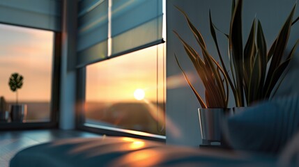 Sticker - A serene sunset scene viewed through a living room window, suitable for use in travel or lifestyle photography